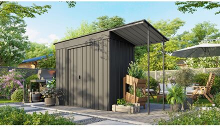 Tuinhuis Skillion 64 - Plaatstaal - Antraciet- Inclusief Luifeldak - 263x124x199cm