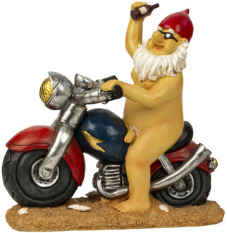 Tuinkabouter beeld Biker Naakt- Polystone - Motor rijder - 32 x 32 cm - Tuinbeelden Multikleur