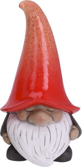 Tuinkabouter beeld Grumpy - Polystone - met grote muts rood - 32 cm - Tuinbeelden