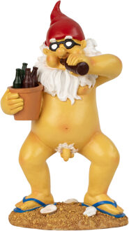 Tuinkabouter beeld Happy Nudist - Polystone - Bloot met bier emmer - 28 cm - Tuinbeelden Multikleur