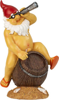 Tuinkabouter beeld Happy Nudist - Polystone - Bloot op bierton - 31 cm - Tuinbeelden Multikleur