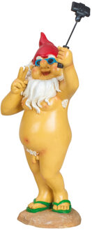 Tuinkabouter beeld Happy Nudist - Polystone - Exhibitionist met selfie-stick - 36 cm - Tuinbeelden Multikleur