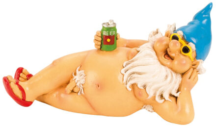 Tuinkabouter beeld Happy Nudist - Polystone - Naakt met pils liggend - 26 cm - Tuinbeelden Blauw