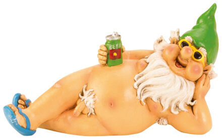 Tuinkabouter beeld Happy Nudist - Polystone - Naakt met pils liggend - 26 cm - Tuinbeelden Groen