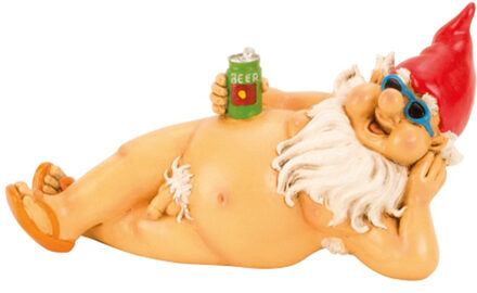 Tuinkabouter beeld Happy Nudist - Polystone - Naakte liggend rode muts - 26 cm