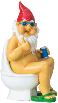 Tuinkabouter beeld Happy Nudist - Polystone - Op het toilet - 15 x 25 cm - Tuinbeelden Multikleur