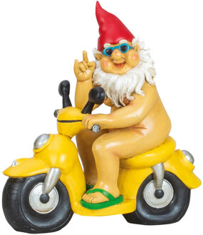 Tuinkabouter beeld Happy Nudist - Polystone - Scooter rijder - 28 x 26 cm - Tuinbeelden Multikleur