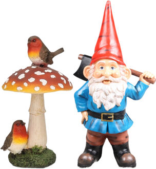 Tuinkabouter beeldje Dwerg met rode muts en bijl - en paddestoel - Keramiek - 20 cm