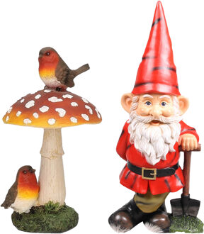 Tuinkabouter beeldje Dwerg met rode muts en schep - en paddestoel - Keramiek - 20 cm