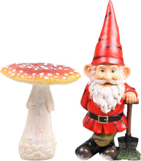 Tuinkabouter beeldje Dwerg met rode muts en schep - en paddestoel - Keramiek - 20 cm
