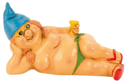 Tuinkabouter vrouw beeld Happy Nudist - Polystone - Naakte liggend blauwe muts - 23 cm