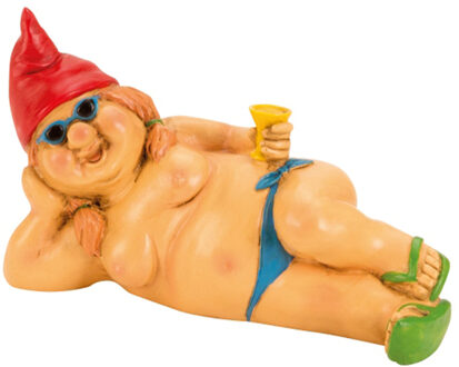 Tuinkabouter vrouw beeld Happy Nudist - Polystone - Naakte liggend rode muts - 23 cm