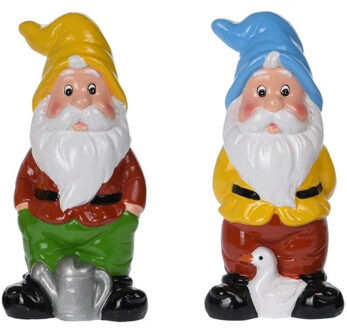 Tuinkabouters - 2x - polystone - 20 cm - blauwe/gele muts - ornament - tuindecoratie