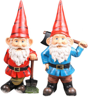 Tuinkabouters beeldjes Dwergen 2x stuks - met bijl en schep - Keramiek - 20 cm