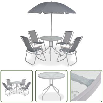 Tuinmeubelset - 6-delige set - Grijs - Gepoedercoat staal - Gehard glas - Textileen - Parasol - 80x70