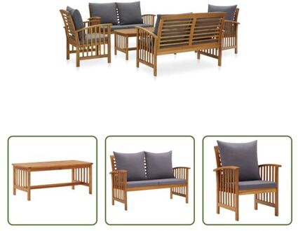 Tuinmeubelset - Acaciahout - Vintage - 2 stoelen - 2 banken - 1 tafel - donkergrijze kussens Grijs