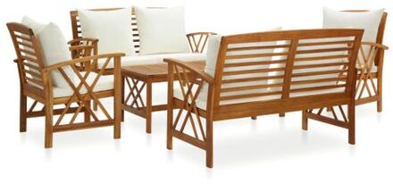 Tuinmeubelset - Acaciahout - Vintage uitstraling - 2 stoelen - 2 banken - tafel - 6 kussens Wit