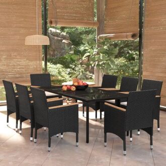 Tuinmeubelset - Gepoedercoat staal - PE-rattan - Glas - Acaciahout - Zwart - 200x100x74 cm - 8 stoelen