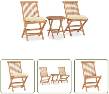 Tuinmeubelset - Houten Eethoek - Stapelbaar - 50x50cm tafel - 46x62x90cm stoel - Crèmewit kussen