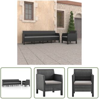 Tuinmeubelset - Rattan-look - Antraciet - 4-zitsbank + Stoel + 5x Zitkussen Grijs