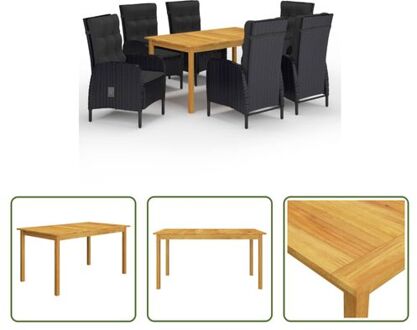 Tuinset Acacia - Eettafel 150x90x74 cm - Zwart PE Rattan Stoel 58x63x108 cm - Zwart Kussen - Montage