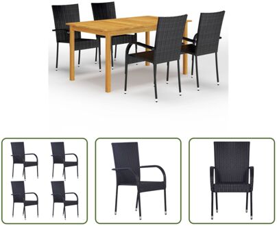 Tuinset Acaciahout - 150x90x74 cm - Zwart PE rattan - Stackable - Inclusief tafel en 4 stoelen