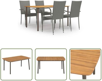 Tuinset - Acaciahout en Staal - Grijze PE-rattan - 150x90x72cm tafel - 55.5x53.5x95cm stoel Grijs