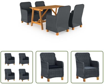 Tuinset - Acaciahout - PE-rattan - Donkergrijs - 140x70x73.5cm - Montage vereist - 1 tafel + 4 stoelen