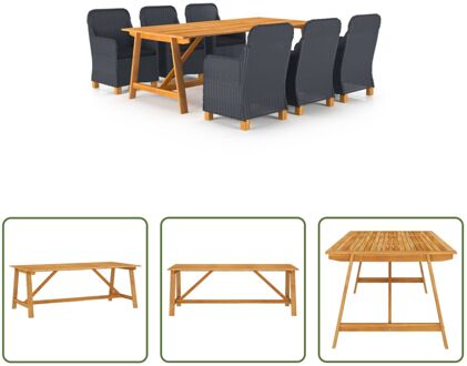 Tuinset - Acaciahout - PE-rattan - Donkergrijs - Zwart - 206x100x74 cm - Set van 1 tafel - 6 stoelen