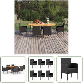 Tuinset - Acaciahout - PE-rattan - Zwart - 150-200x100x74 cm - Stalen frame - 6 stoelen - Zitkussens