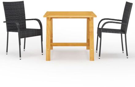Tuinset - Acaciahout - PE Rattan - Zwart - 88x88x74 cm - Inclusief 1 tafel en 2 stoelen