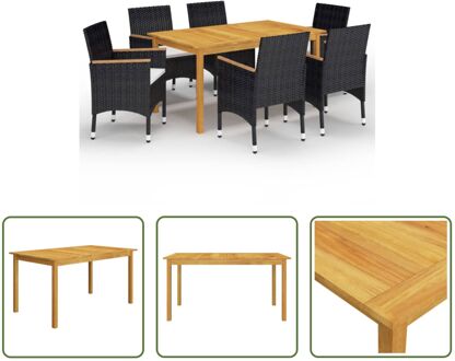 Tuinset - Acaciahouten eettafel (150x90x74cm) + 6 zwarte stoelen met crèmewitte kussens