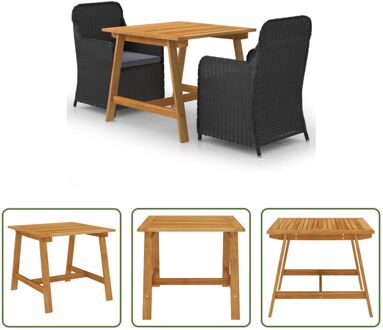 Tuinset Acaciahouten Eettafel - 88x88x74cm - Zwart PE Rattan Stoelen - 64x65x90cm - Donkergrijs Kussen