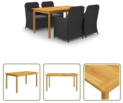 Tuinset - Acaciahouten eettafel - PE-rattan eetstoelen - 150 x 90 x 74 cm Zwart