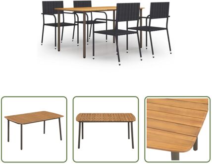 Tuinset - Acaciahouten eettafel - PE-rattan eetstoelen - 150x90x72 cm - Zwart