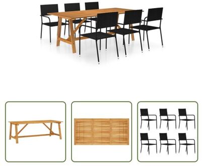 Tuinset - Acaciahouten Eettafel - PE Rattan Eetstoelen - Zwart - 206 x 100 x 74 cm - 51 x 60 x 87 cm