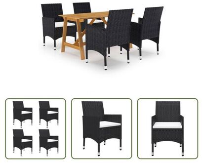 Tuinset - Acaciahouten Eettafel - PE Rattan Stoelen - 140x70x73.5 cm - Zwart - Crèmewit - Ergonomisch