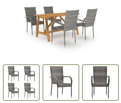 Tuinset - Acaciahouten eettafel - PE rattan stoelen - Grijs - 140x70x73.5 cm