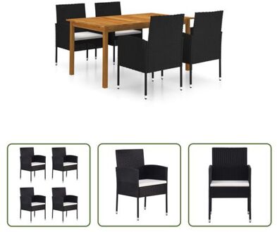 Tuinset - Acaciahouten eettafel - Stalen frame met rattan eetstoelen - 150x90x74cm - Zwart/Crèmewit