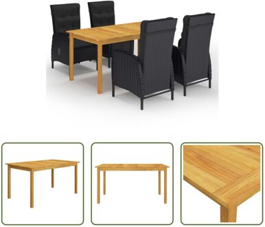 Tuinset - Acaciahouten eettafel - Zwarte PE-rattan stoelen - 150x90x74cm