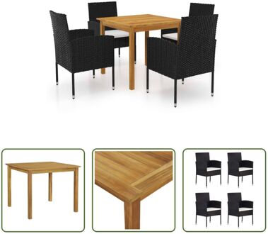 Tuinset - Acaciahouten eettafel - Zwarte PE-rattan stoelen - 85x85x74 cm - Crèmewit kussen