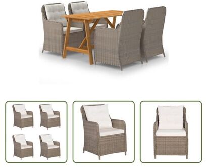 Tuinset - Acaciahouten Tafel 140x70x73.5 cm - Bruine Rattan Stoelen - Set van 4 - Crèmewitte Kussens