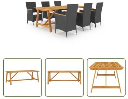 Tuinset - Acaciahouten Tafel 206x100x74 cm - Zwart Rattan Stoel 52x57x84 cm - Crèmewitte Kussens