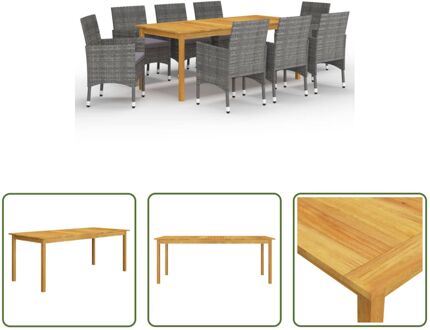 Tuinset - Acaciahouten tafel - Grijs PE-rattan eetstoelen - 200x90x74cm - Inclusief kussens