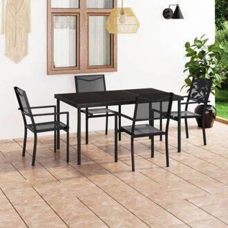 Tuinset - Antraciet - Glas en stalen frame - 150x90x74cm tafel - 4x zwart/antraciet stoel Grijs