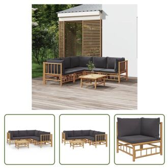 Tuinset Bamboe - 2x Middenbank - 3x Hoekbank - 1x Tafel - Donkergrijs Kussen - 100% Polyester Bruin