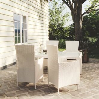 Tuinset - Eettafel en 4 stoelen - Wit poly rattan - 150 x 90 x 75 cm - Zwart kussen