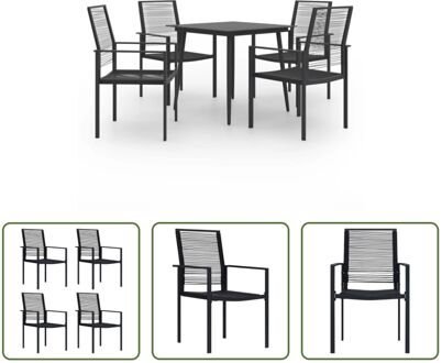 Tuinset - Eettafel en Stoelen - Gepoedercoat Staal - Glas - Zwart - 80 x 80 x 74 cm - 60 x 55 x 90 cm