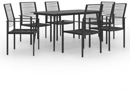 Tuinset - Eettafel met 6 stoelen - Glas en gepoedercoat staal - Zwart - 150 x 80 x 74 cm (L x B x H)