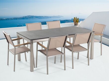 Tuinset gebrand graniet/RVS zwart enkel tafelblad 180 x 90 cm met 6 stoelen beige GROSSETO